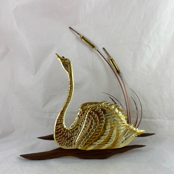 Vintage Swan Bird with Cattails Brass Copper & Wood MCM Wall Art Decor 2 Pieces - Picture 3 of 9